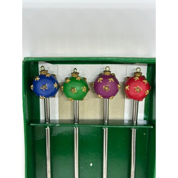 Vintage Christmas Ornament Cocktail Swizzle Sticks | Set of 4 Metal Barware - Picture 6 of 7